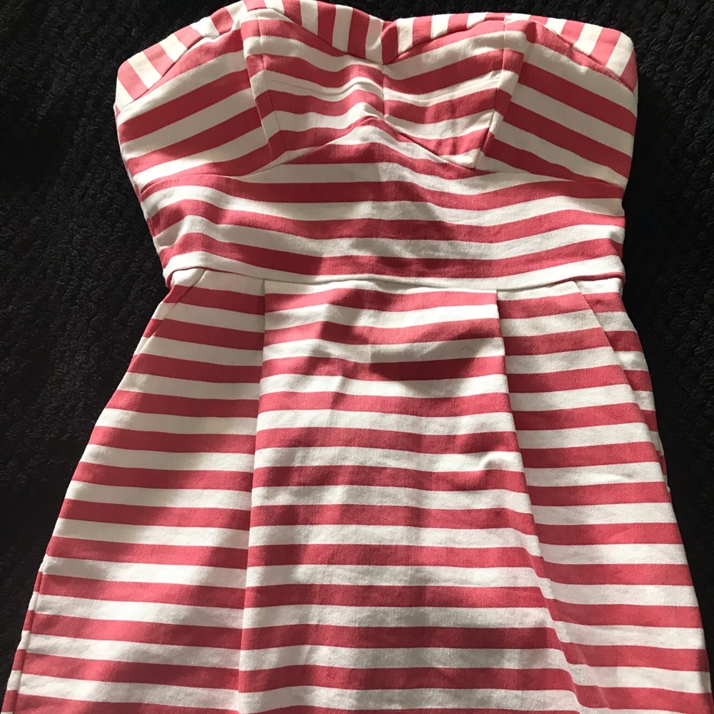 Strapless striped dress.
